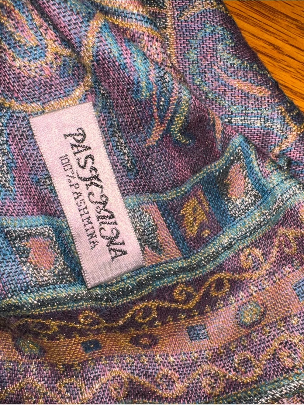 pashmina Multicolor Paisley Fringe Wrap in Gold, Teal, Rust 100% Pashima